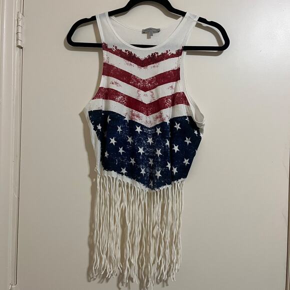 Y2K Boho Americana Fringe Crop Tank Top Sz L Distressed USA Flag Festival Retro. - Picture 1 of 7